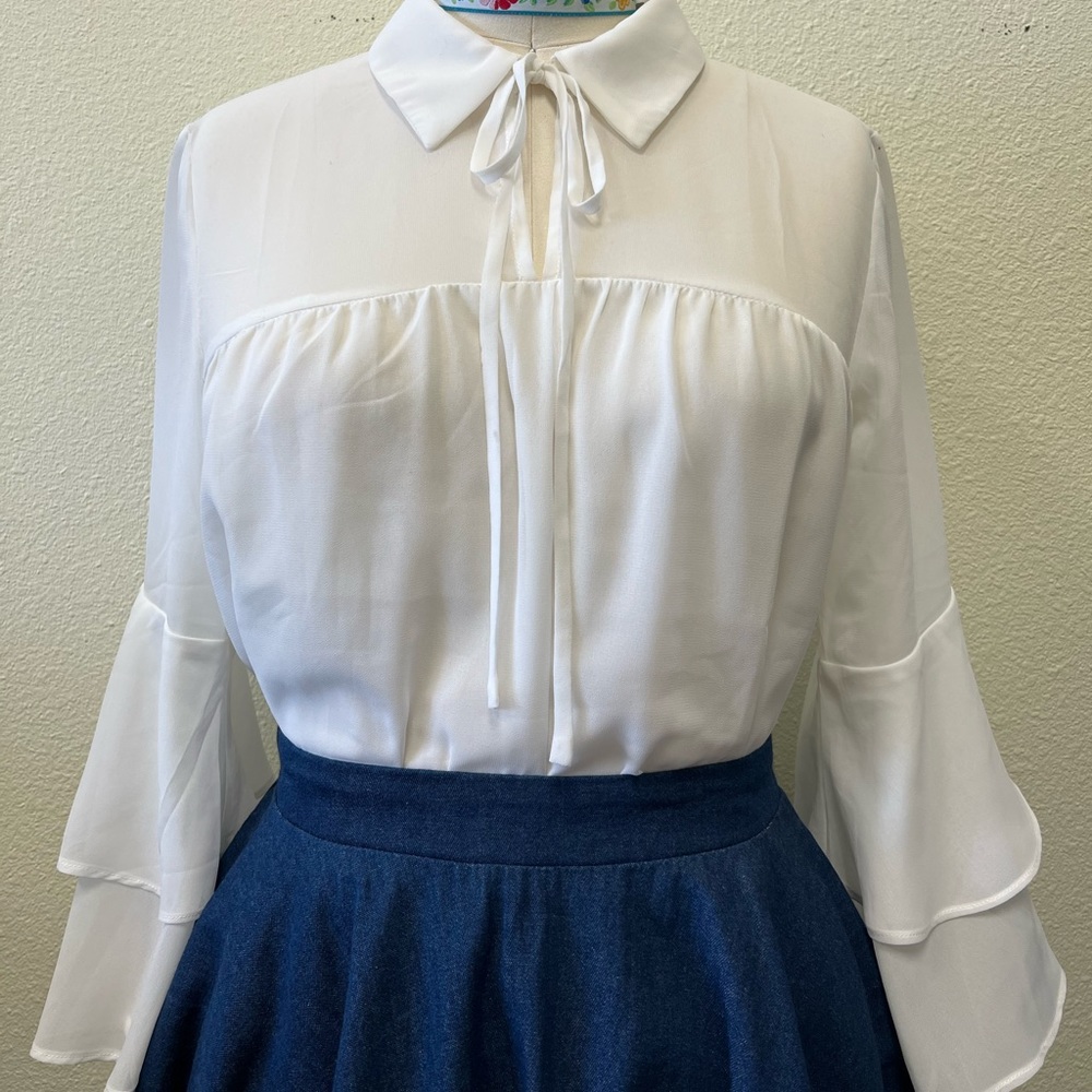White Chiffon Blouse W/Flutter Sleeves